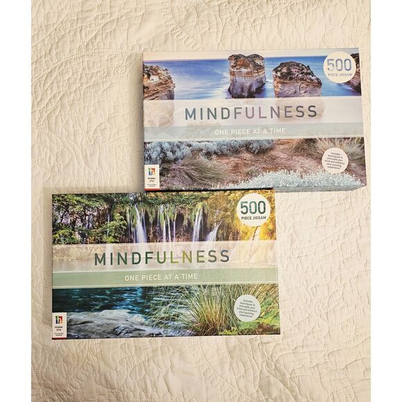 2 Mindfulness Jigsaw Puzzles 500 Pieces Coastal Serenity & Forest Waterfall - Picture 1 of 5